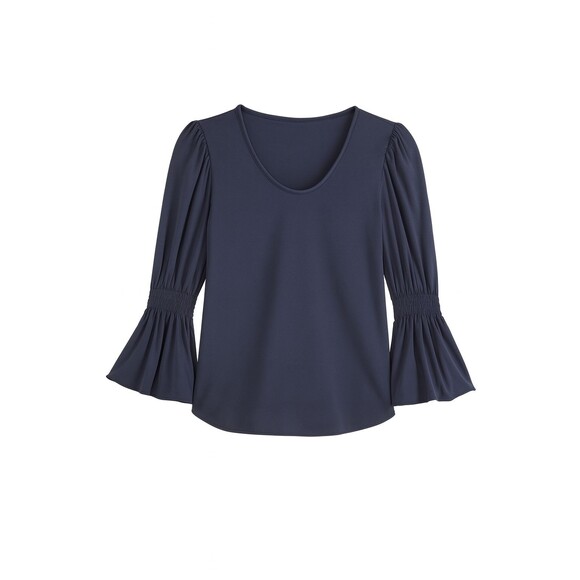 👉 Ann Taylor Navy XS Blouse Bell Sleeve Ruffle Scoop Neck Stretch Top Business - Picture 1 of 7